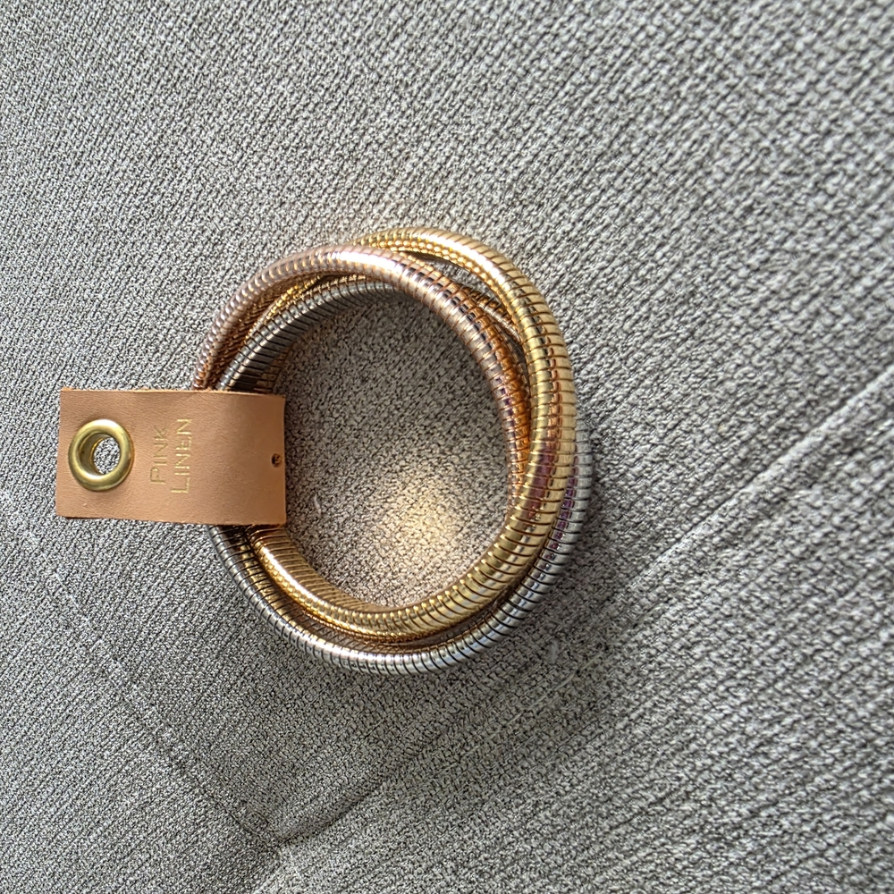 RMS Linen Tri Colored Chunky Goldtone,rose Goldtone and Silver  Coil Bracelets